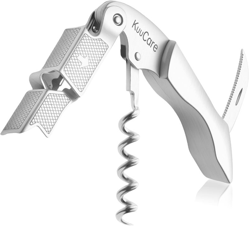 KuuCare Wine Opener Waiter Corkscrew, Premium 420 Stainless Steel Wine Bottle Opener with Foil Cutter & Cap Remover, Double Hinged Manual Wine Key for Bartenders, Servers, Waiters and Home Use, Silver - Image 1